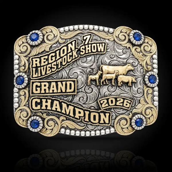 A custom farming belt buckle trophy for Region 7 Livestock Show Champion featuring a cow, goat, lamb and pig figures 